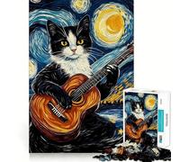Rompecabezas para Adultos de 1000 Piezas Gato Tocando la Guitarra en una Noche Estrellada Juguete Divertido y Estimulante para la Mente Juego Acogedor Regalo Ideal para cumpleaños (38x26cm)