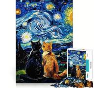 Rompecabezas para Adultos de 1000 Piezas Gatos bajo una Noche Estrellada,Pintura, Juego para estimular la Mente,Ideal para Momentos de Tranquilidad, (50x75cm)