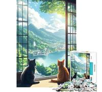 Rompecabezas para Adultos de 1000 Piezas Gatos contemplando un Paisaje japonés Juguete Educativo para Aprender y ejercitar la Mente Juego para Toda la Familia Regalos para Mujeres y Hombres (50x75cm)