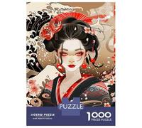 Rompecabezas Para Adultos De 1000 Piezas Geisha Portrait with Floral And Wave Motifs Rompecabezas Para Adultos Juego De Ingenio Para La Diversión Familiar Actividades Divertidas En Casa, 38x26cm/1000p