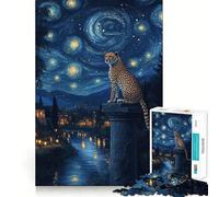 Rompecabezas para Adultos de 1000 Piezas Guepardo bajo la Noche Estrellada Ajuste Juguete Divertido para Jugar y Descansar Regalo Ideal para cumpleaños y aficiones (38x52cm)
