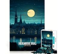 Rompecabezas para adultos de 1000 piezas,Hamburgo,Alemania,ilustración del horizonte nocturno,uniones suaves,diversión para resolver problemas,juego casual,tiempo de juego,arte para cumpleaños 38x52cm