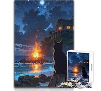Rompecabezas para Adultos de 1000 Piezas: Hoguera Nocturna en la Playa con Gato Negro Juego Educativo con desafío Opción emotivo Tamaño 38x52cm