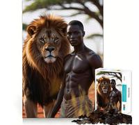 Rompecabezas para Adultos de 1000 Piezas Hombre Negro y león,Juego de Bordes limpios,Juguete de construcción Que fomenta la concentración,diversión pausada,Regalo de Ocio navideño 50x75cm