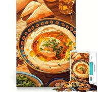 Rompecabezas para Adultos de 1000 Piezas Hummus y Pan de Pita,Naturaleza Muerta,Corte, Divertido,desafío Inteligente,Juego Tranquilo,Divertido,Regalo de Arte navideño (38x26cm)