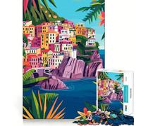 Rompecabezas para Adultos de 1000 Piezas Ilustración Abstracta de un Colorido Pueblo costero Italiano,Arte Minimalista,Bordes Finos,Juguete para Resolver Problemas,Juego Relajante,Juego de cumpleaños