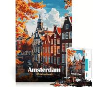 Rompecabezas para Adultos de 1000 Piezas,ilustración de Paisaje Urbano otoñal de Ámsterdam,Países Bajos,diseño Limpio y Elegante Ideal para ejercitar,Jugar en un Ambiente Acogedor y Disfrutar