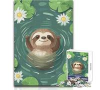 Rompecabezas para adultos de 1000 piezas: Ilustración de un perezoso nadando en un estanque de lirios Rompecabezas para juegos familiares,vacaciones en casa,pasatiempos,ideas de regalos Tamaño 50x75cm