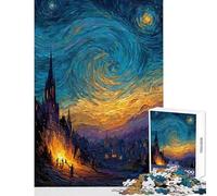 Rompecabezas para Adultos de 1000 Piezas Inspirado en la Pintura de un Pueblo de La Noche Estrellada Juego Imposible Juguete Educativo antiestrés Que Mejora el Amor Entre Parejas (38x52cm)