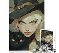 Rompecabezas para Adultos de 1000 Piezas Juguete de Bruja con Gato Negro decoración de Pared Regalos para Mujeres y Hombres Juego práctico Que Mejora el Amor Entre Parejas tamaño 38x26cm
