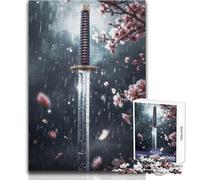 Rompecabezas para Adultos de 1000 Piezas: Katana bajo la Lluvia con Flores de Cerezo Rompecabezas para Juegos Familiares Regalo de cumpleaños, Regalo de Amigo Secreto Tamaño 38x26cm