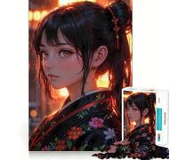 Rompecabezas para Adultos de 1000 Piezas Kimono Crepúsculo ︰ Belleza del Festival japonés Bordes Finos Artesanía Juego cognitivo Juguete Juego Relajante Arte de Pared navideño (38x26cm)