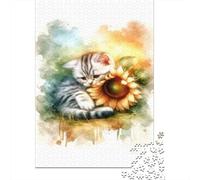 Rompecabezas para Adultos De 1000 Piezas Kitten with Sunflower Watercolor Print Rompecabezas para Adolescentes Juego De Ingenio Decoración del Hogar Actividades Divertidas En Casa, 70x50cm/1000pcs