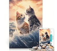 Rompecabezas para Adultos de 1000 Piezas La Gran Ola y Gatos Cariñosos, Juguetes para armar, Reto para completar, Colección de Artistas, Bellas Artes 38x26cm