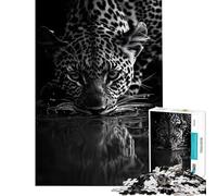 Rompecabezas para Adultos de 1000 Piezas Leopardo Bebiendo Agua Juguetes en Blanco y Negro Juegos educativos Juego de ingenio Ideal para Pasar el rato en casa Regalo de cumpleaños (tamaño 75x50cm)