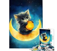 Rompecabezas para Adultos de 1000 Piezas Lindo Gatito en la Luna con Linterna Diversión para Realizar en casa Juego práctico de ensamblaje de Patrones para Mayores de 14 años 38x26cm
