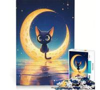 Rompecabezas para Adultos de 1000 Piezas: Lindo Gato Negro sobre Luna Creciente, Juego Educativo, Mejora la Memoria, cumpleaños y Navidad 38x52cm