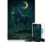 Rompecabezas para Adultos de 1000 Piezas Lobo Azul bajo Luna Creciente,Bordes Bien definidos,Juguete para ejercitar la Mente,diversión sin complicaciones,decoración navideña 50x75cm