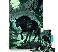 Rompecabezas para Adultos de 1000 Piezas Lobo Negro a la luz de la Luna,Bordes Bien definidos,Juguete para ejercitar la Mente,diversión sin complicaciones,decoración navideña 38x26cm