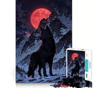 Rompecabezas para Adultos de 1000 Piezas Lobo Negro bajo la Luna roja,Bordes Bien definidos,Juguete para ejercitar la Mente,diversión sin complicaciones,decoración navideña 50x75cm