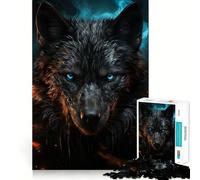 Rompecabezas para Adultos de 1000 Piezas Lobo Negro con Ojos Azules,Bordes Bien definidos,Juguete para ejercitar la Mente,diversión sin complicaciones,decoración navideña 38x52cm