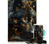 Rompecabezas para Adultos de 1000 Piezas Lobo Negro en Dorado con Bordes Decorados,Juguete para ejercitar la Mente,diversión sin complicaciones,decoración navideña 38x26cm