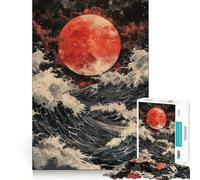 Rompecabezas para Adultos de 1000 Piezas Luna de Sangre sobre Olas,Arte de Corte Fino,diversión para Resolver Problemas,Juego para Momentos acogedores,decoración navideña para la Pared 38x52cm