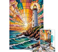 Rompecabezas para Adultos de 1000 Piezas Meditación con vidrieras Serenidad Junto a un Faro resplandeciente al Atardecer Juego práctico Una Obra de Arte cumpleaños y Navidad
