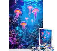 Rompecabezas para Adultos de 1000 Piezas: Medusas de neón sobre un Arrecife de Coral Juguete Educativo Regalos para el Amigo Secreto Juego Imposible con póster a Juego y Hoja de Trivia (50x75cm)