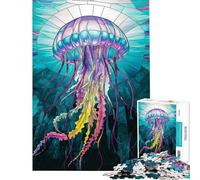 Rompecabezas para Adultos de 1000 Piezas Medusas de vitral Vibrantes en Las Profundidades del océano Rompecabezas para Adultos Juego práctico Corte de precisión Regalo de cumpleaños y único