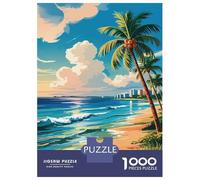 Rompecabezas para Adultos De 1000 Piezas Miami Tropical Beach with Palm Trees and City Skyline Rompecabezas para Adultos Juego Práctico Montaje De Patrones Cumpleaños Y Navidad 52x