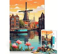 Rompecabezas para Adultos de 1000 Piezas Molino de Viento de Ámsterdam,diseño de Viaje,Ajuste, Arte,Juego Inteligente,Regalo,Juego Lento, (38x26cm)