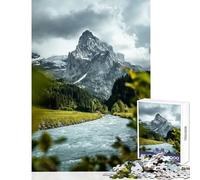 Rompecabezas para Adultos de 1000 Piezas: Montaña Tras un río Juguetes de Bricolaje Gran Regalo Juegos de relajación con póster a Juego y Hoja de Trivia Tamaño 38x26cm