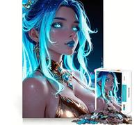 Rompecabezas para Adultos de 1000 Piezas Mujer de Cabello Azul con Atuendo Dorado,Bordes Bien definidos,Juguete para ejercitar la Mente,Entretenimiento Ligero,decoración navideña 38x26cm