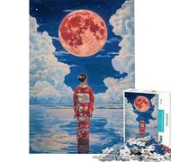 Rompecabezas para Adultos de 1000 Piezas Mujer en Kimono bajo la Luna roja Rompecabezas de 1000 Piezas Juguetes antiestrés Un desafío difícil cumpleaños (50x75cm)