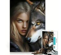 Rompecabezas para Adultos de 1000 Piezas Mujer Rubia y su Lobo,Encaje, Arte,Juego de concentración,Juego para el Tiempo de Descanso,Regalo de cumpleaños 50x75cm