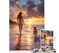 Rompecabezas para Adultos de 1000 Piezas: Mujer y Perro Caminando por la Playa decoración del hogar Juguetes Regalo para cumpleaños Juego Imposible para fomentar el Amor Entre Parejas tamaño 50x75cm