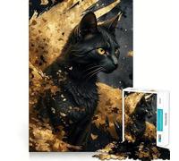 Rompecabezas para Adultos de 1000 Piezas,Negro y Dorado,Gato ángel,Ajuste, Arte,Juego Mental,Regalo,Juego Lento,Regalo de Arte navideño (38x52cm)