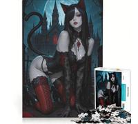 Rompecabezas para Adultos de 1000 Piezas: Niña Gata Negra en un Entorno gótico, Juego Divertido, antiestrés, con Piezas de Formas aleatorias Que encajan Perfectamente 38x26cm