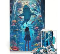 Rompecabezas para Adultos de 1000 Piezas Niña Mirando un Tanque de Tiburones, Juegos Familiares, interacción Entre Padres e Hijos, Regalos para Amigos y Familiares 50x75cm
