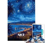 Rompecabezas para Adultos de 1000 Piezas Niza Francia ︰ Paisaje Urbano Nocturno Estrellado Rompecabezas para Adultos Juego Familiar Una Obra de Arte Gran Regalo para los Amantes de los Juegos