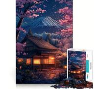 Rompecabezas para Adultos de 1000 Piezas Noche de cerezos en Flor en el Monte Fuji - Diseño de Corte Fino Actividad para la Mente Tiempo de Paz Juego Decoración navideña Arte (38x52cm)
