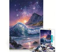 Rompecabezas para Adultos de 1000 Piezas Olas del océano bajo un Cielo Estrellado decoración de Pared Regalo de cumpleaños para Fortalecer el Amor Entre Parejas 38x26cm