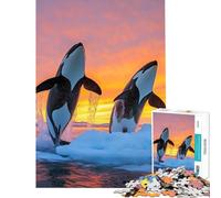Rompecabezas para Adultos de 1000 Piezas Orcas Saltando al Atardecer en Aguas heladas Juego de ingenio Juguetes adictivos para Cultivar la Paciencia Ideas Decorar (38x52cm)