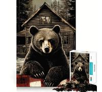 Rompecabezas para Adultos de 1000 Piezas Oso Frente a una cabaña,Encaje, Arte,Juego Mental,Regalo,Juego Lento,Regalo de Arte navideño (38x26cm)