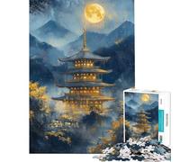 Rompecabezas para Adultos de 1000 Piezas Pagoda Japonesa bajo la Luna Llena Rompecabezas para Adultos Juegos relajantes decoración (tamaño 38x52cm)