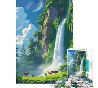 Rompecabezas para Adultos de 1000 Piezas Paisaje con Cascada y Ciervos Difícil y desafiante Juguete de análisis y lógica Decoración de Pared Apto para Mayores de 14 años 50x75cm