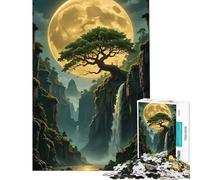 Rompecabezas para Adultos de 1000 Piezas Paisaje de Cascada a la luz de la Luna con árbol bonsái Juguetes educativos para Aprender y ejercitar la Mente Juego para Toda la Familia Regalos para Mujeres