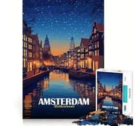 Rompecabezas para Adultos de 1000 Piezas,Paisaje Nocturno de Ámsterdam,Países Bajos,Ajuste, Arte,Juego Inteligente,Regalo,Juego Lento,Regalo de Arte navideño (38x52cm)