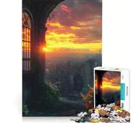 Rompecabezas para Adultos de 1000 Piezas Paisaje Urbano al Atardecer Visto a través de una Ventana Juego Familiar difícil y desafiante cumpleaños y Navidad 38x52cm